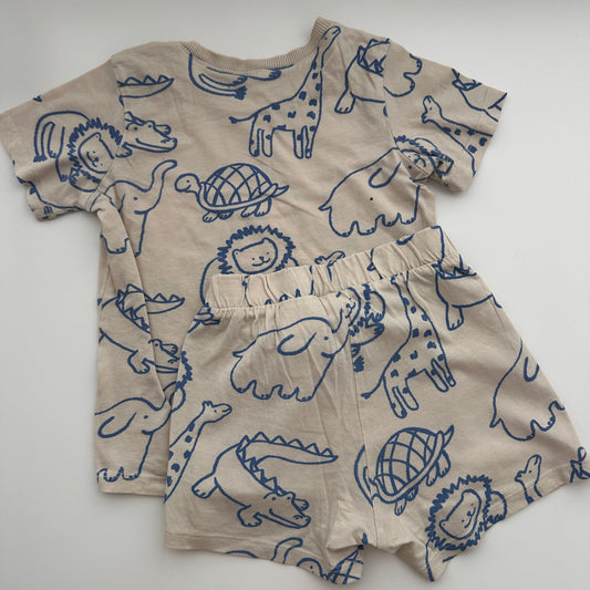 H&M Jungen Sommer-Set T-Shirt & Shorts mit Tierprint Beige/Blau – Gr. 98