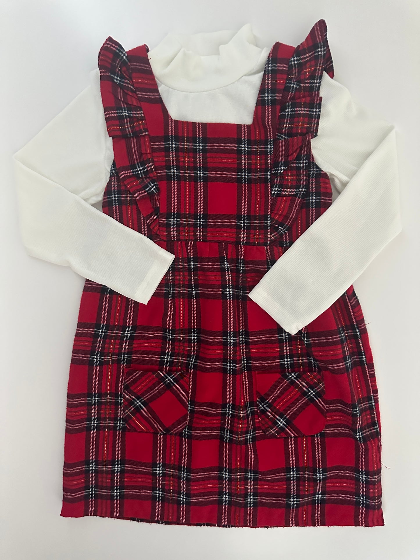 Mädchen Kleid Set Rot Kariert Gr. 116 – Kleid mit Langarmshirt