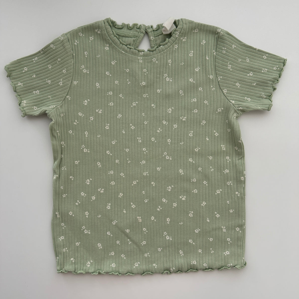 H&M Mädchen Ripp-T-Shirt mit Blumenprint Grün Gr. 92