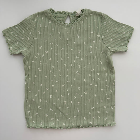 H&M Mädchen Ripp-T-Shirt mit Blumenprint Grün Gr. 92