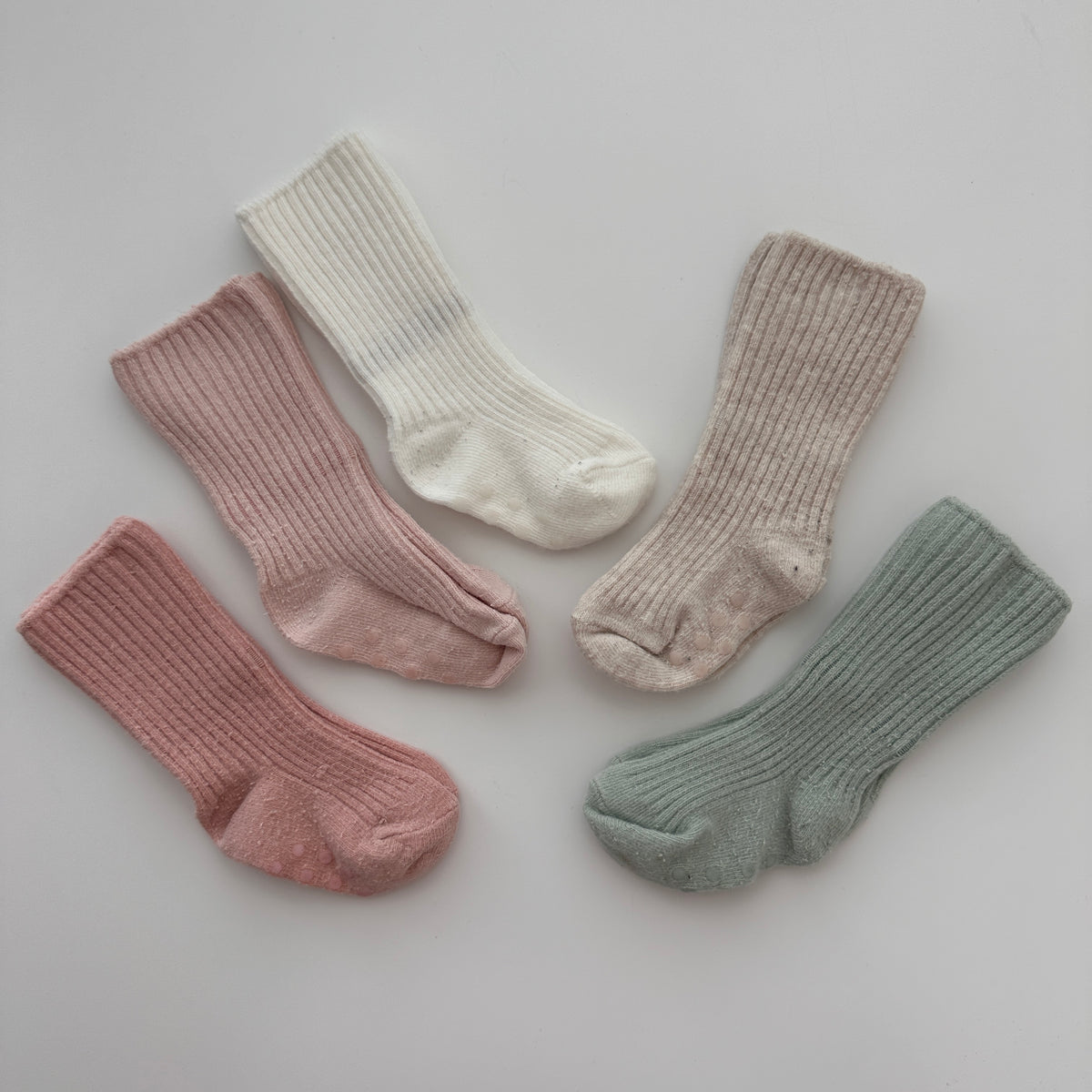 5er-Set Babysocken Rosa, Creme, Beige & Grün – Grösse 0–1 Jahr