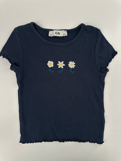 C&A T-Shirt gerippt dunkelblau mit Blumenstickerei Gr. 98