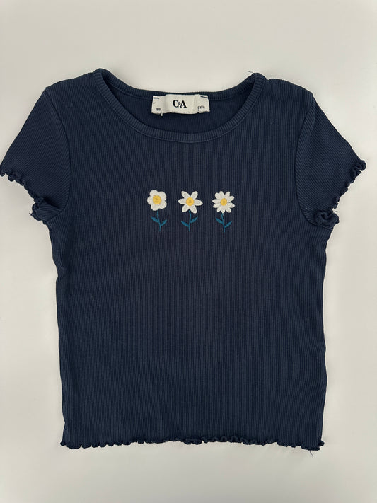 C&A T-Shirt gerippt dunkelblau mit Blumenstickerei Gr. 98
