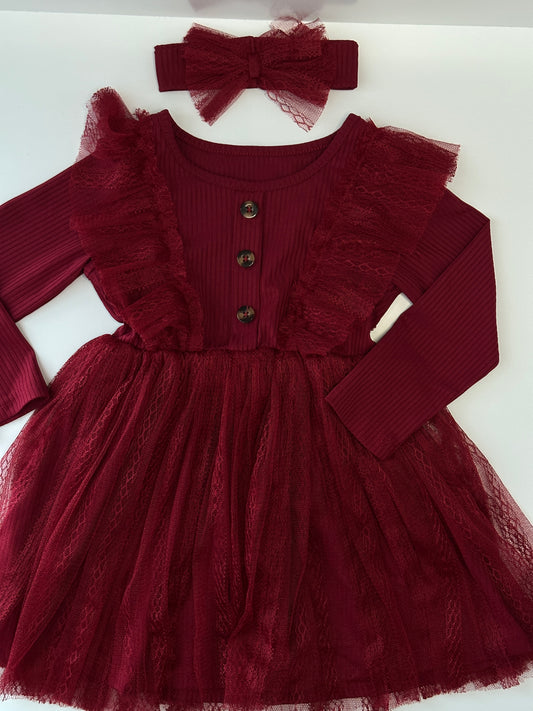 Mädchen Tüllkleid Bordeaux mit Haarband Gr. 92/98 | MiniMoments