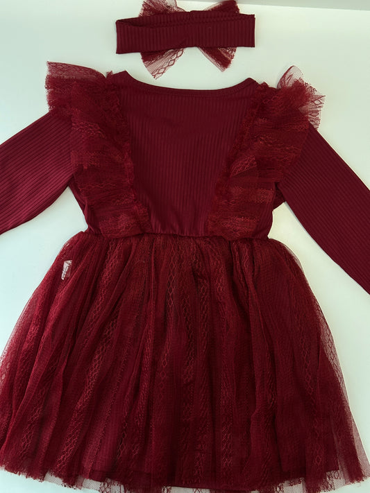 Mädchen Tüllkleid Bordeaux mit Haarband Gr. 92/98 | MiniMoments