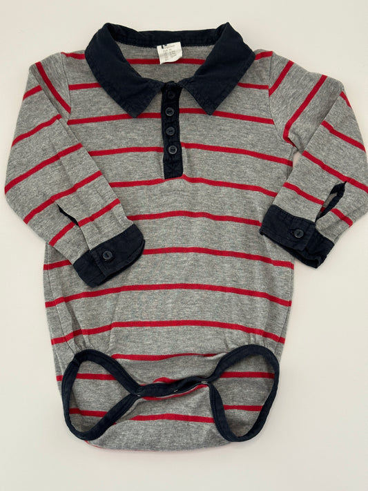 Langarmbody mit Kragen in Grau-Rot gestreift Gr. 74