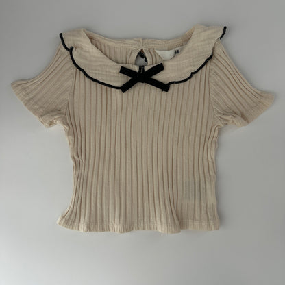 H&M Geripptes Mädchen T-Shirt Creme Gr. 92 – Kragen mit Schleife