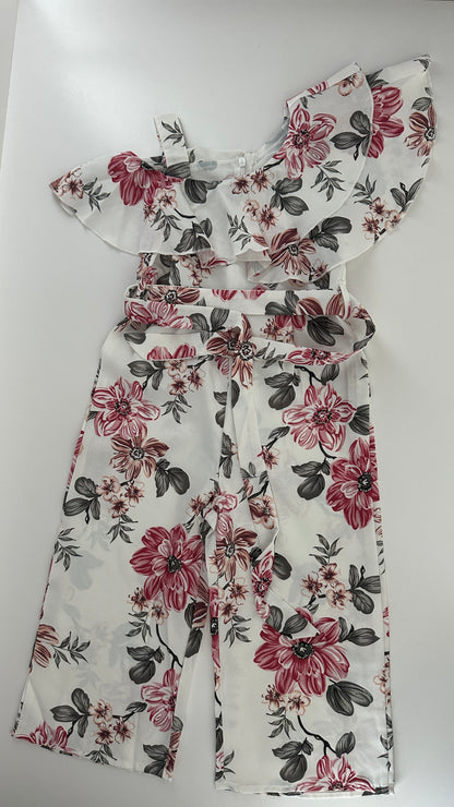 Mädchen Jumpsuit Blumen Gr. 104 – Weiss mit Volants