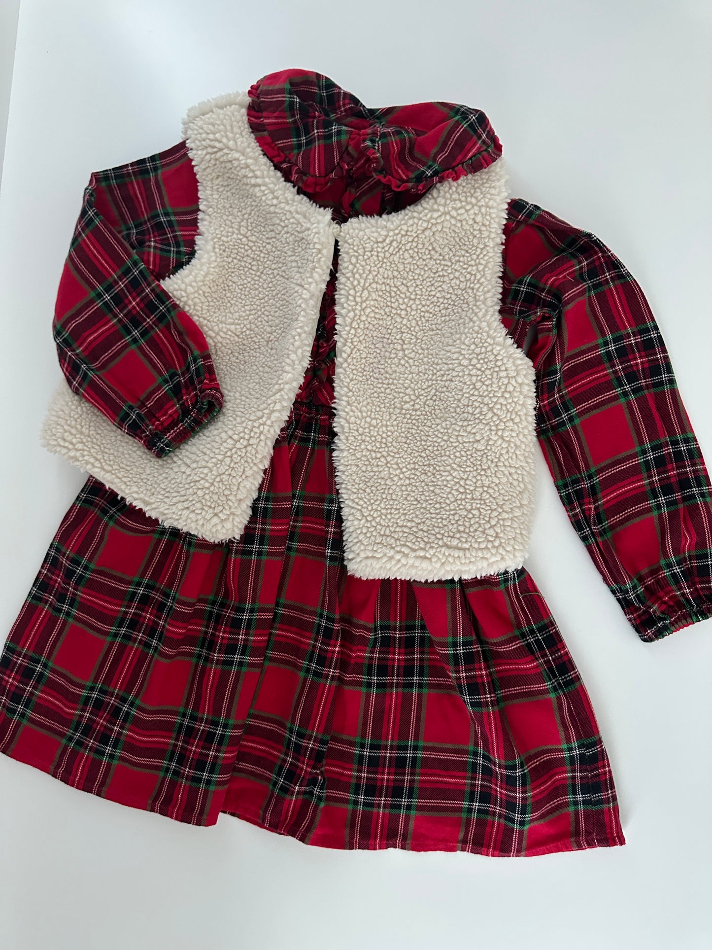 C&A Mädchen Kleid mit Teddyweste Gr. 110 – Rot kariert 2-teilig