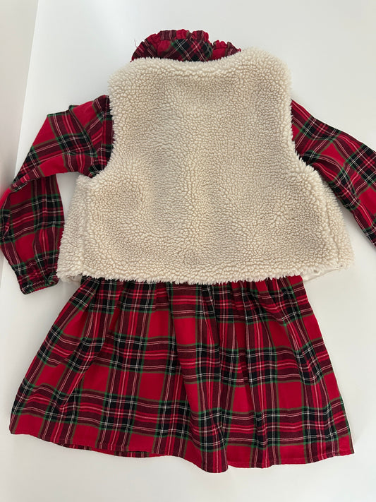 C&A Mädchen Kleid mit Teddyweste Gr. 110 – Rot kariert 2-teilig