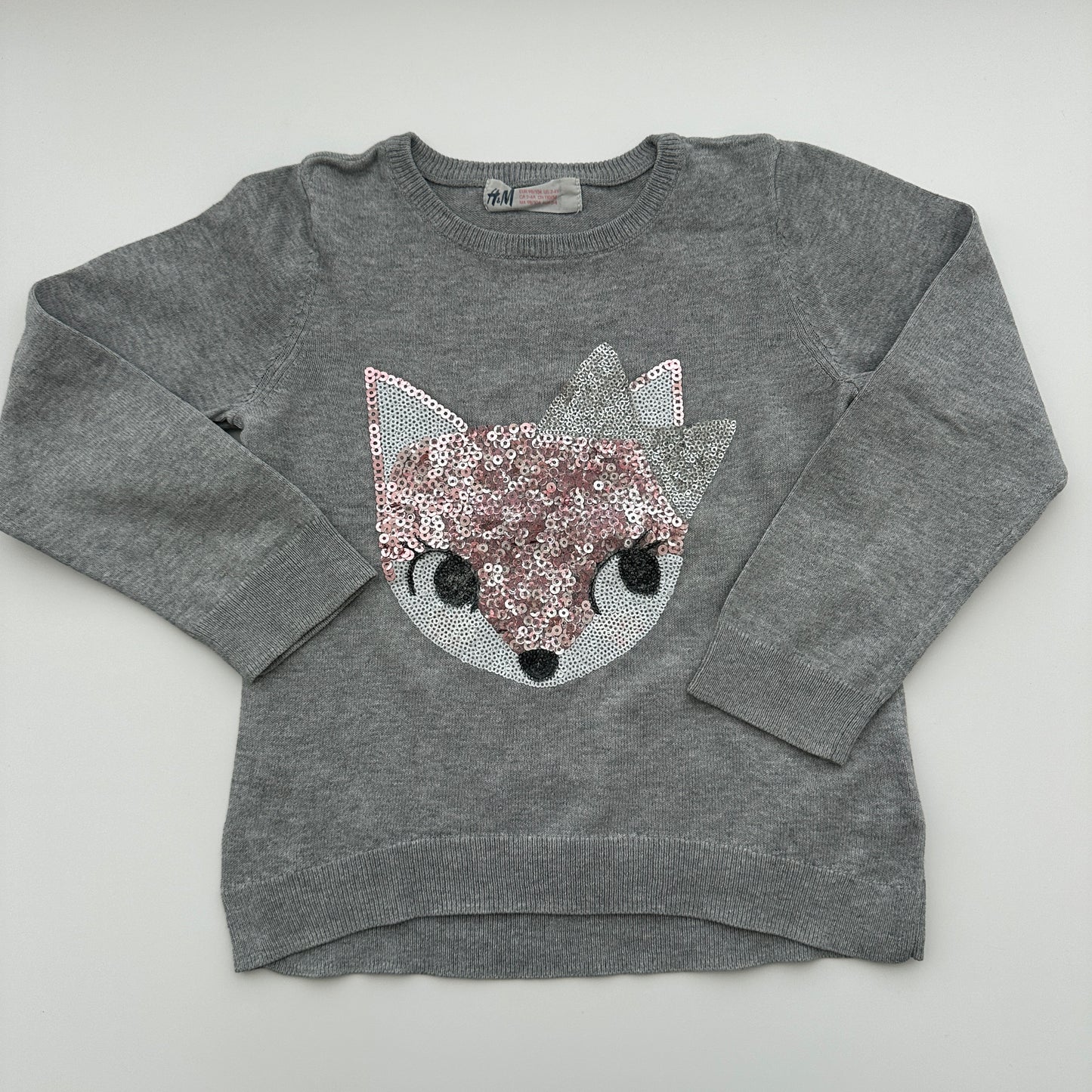 H&M Feinstrickpullover Grau mit Pailletten-Fuchs Gr. 98/104