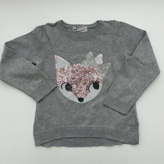 H&M Feinstrickpullover Grau mit Pailletten-Fuchs Gr. 98/104